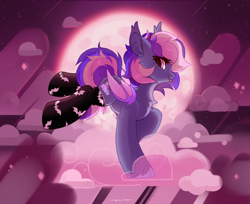 Size: 2700x2200 | Tagged: safe, artist:zlatavector, oc, oc only, oc:midnight mist, bat pony, pegasus, pony, clothes, cloud, commission, cute, female, filly, high res, moon, socks, solo