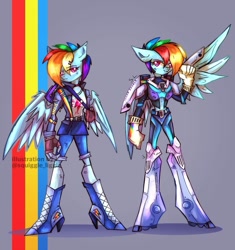 Size: 1080x1149 | Tagged: safe, artist:squiggle_liggle, rainbow dash, pegasus, anthro, g4, abstract background, alternate timeline, amputee, apocalypse dash, armor, artificial wings, augmented, clothes, crystal war timeline, duo, female, gloves, prosthetic limb, prosthetic wing, prosthetics, redesign, torn ear, wings