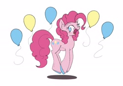 Size: 2520x1768 | Tagged: safe, artist:ramott, pinkie pie, earth pony, pony, g4, balloon, chest fluff, cute, diapinkes, female, leg fluff, mare, no pupils, open mouth, simple background, solo, unshorn fetlocks, white background