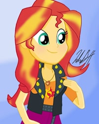 Size: 768x960 | Tagged: safe, alternate version, artist:artistic_applehead, sunset shimmer, equestria girls, g4, clothes, cutie mark, cutie mark on clothes, eyelashes, female, jewelry, necklace, signature, smiling