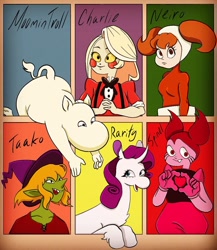Size: 1080x1244 | Tagged: safe, artist:hazardousharleigh, rarity, demon, gem (race), human, pony, unicorn, anthro, g4, spoiler:steven universe, spoiler:steven universe: the movie, anthro with ponies, bowtie, bust, charlie magne, clothes, crossover, female, gem, hands together, hat, hazbin hotel, heart hands, hellaverse, hellborn, kaiba, male, mare, moomins, neiro, open mouth, princess, princess of hell, six fanarts, smiling, spinel, spinel (steven universe), spoilers for another series, steven universe, steven universe: the movie, taako, that's entertainment, the adventure zone, wizard, wizard hat
