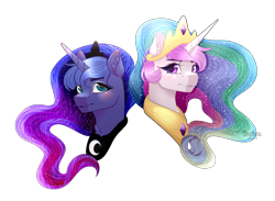 Size: 4416x3234 | Tagged: safe, artist:saramicro, princess celestia, princess luna, alicorn, pony, bust, chest fluff, crown, duo, ear fluff, female, high res, jewelry, looking at you, mare, portrait, regalia, royal sisters, siblings, simple background, sisters, transparent background