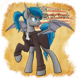 Size: 4200x4200 | Tagged: safe, alternate version, artist:yognaughtsteve, oc, oc:midnight dagger, bat pony, pony, blackletter, clothes, constitution, flag, parchment, piercing, simple background, transparent background, united states