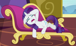 Size: 779x478 | Tagged: safe, screencap, rarity, pony, dragon dropped, g4, cropped, fainting couch, female, marshmelodrama, rarity being rarity, solo, twilight's castle