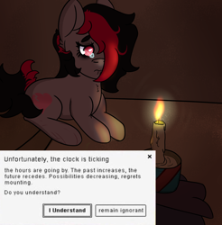 Size: 1082x1100 | Tagged: safe, artist:lazerblues, oc, oc only, oc:miss eri, earth pony, pony, bags under eyes, candle, crying, sad, solo