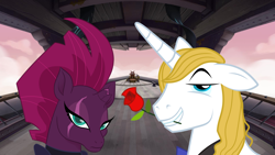 Size: 2064x1161 | Tagged: safe, fizzlepop berrytwist, prince blueblood, tempest shadow, pony, unicorn, g4, spoiler:comicff26, airship, ambassador, annoyed, arrogant, belligerent sexual tension, berryblood, diplomacy, duo, fanfic idea, fantasy class, female, flower, flower in mouth, frown, male, mare, mouth hold, rose, rose in mouth, shipping, shipping fuel, smiling, smug, stallion, straight, tempest shadow is not amused, tempest's airship, this will end in shipping, this will not end well, unamused, warrior