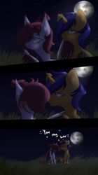 Size: 1284x2300 | Tagged: safe, artist:soulf, oc, oc only, oc:jade jump, oc:lunar spice, bat pony, pony, unicorn, fallout equestria, boop, commission, foe adventures, grassy field, jadespice, moon, night, noseboop, pnp character, romance, shipping, text, watermark, ych result