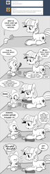 Size: 960x3300 | Tagged: safe, artist:mamatwilightsparkle, spike, twilight sparkle, dragon, pony, unicorn, tumblr:mama twilight sparkle, g4, baby, baby spike, bed, blocks, comic, cough, diaper, duo, monochrome, tumblr, younger