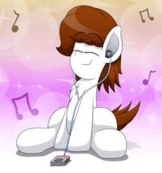 Size: 1500x1600 | Tagged: safe, artist:aarondrawsarts, oc, oc:brain teaser, earth pony, pony, animated, chest fluff, dancing, earbuds, headbang, male, mp3 player, music notes, sitting, sitting and dancing