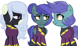 Size: 1192x712 | Tagged: safe, alternate version, artist:arina-san624, artist:icicle-niceicle-1517, color edit, edit, oc, oc only, oc:lightning skies, oc:rainy skies (ice1517), pegasus, pony, icey-verse, annoyed, clothes, collaboration, colored, costume, ear piercing, earring, female, jewelry, magical gay spawn, magical lesbian spawn, mare, offspring, parent:lily lace, parent:nightshade, parent:open skies, parent:thunderlane, parents:nightlace, parents:thunderskies, piercing, shadowbolts, shadowbolts costume, siblings, simple background, sisters, transparent background, twins