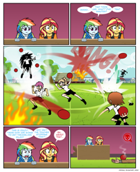 Size: 826x1018 | Tagged: safe, artist:crydius, rainbow dash, scootaloo, sunset shimmer, comic:the first year's dodgeball competition, equestria girls, g4, blushing, chara, comic, corpse party, crossover, cutie mark crusaders, dipper pines, dodgeball, erma, female, gravity falls, knocked out, looking away, male, mordred pendragon, overwatch, sachiko shinozaki, speech bubble, sweat, this might have ended in death, tracer, undertale, vulgar description