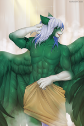 Size: 800x1200 | Tagged: safe, artist:margony, oc, oc only, oc:silver sword, pegasus, anthro, abs, anthro oc, armpits, commission, digital art, eyes closed, male, naked towel, pegasus oc, smiling, solo, wings