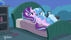 Size: 4443x2501 | Tagged: safe, artist:gutovi, starlight glimmer, trixie, pony, unicorn, g4, bed, blushing, cuddling, female, lesbian, ship:startrix, shipping, show accurate, starlight's room