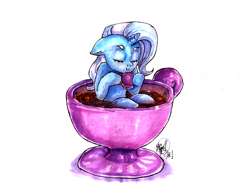 Size: 3224x2487 | Tagged: safe, artist:mannybcadavera, trixie, pony, unicorn, g4, cup, cup of pony, eyes closed, female, floppy ears, food, high res, mare, micro, simple background, smiling, solo, tea, teacup, that pony sure does love teacups, traditional art, white background