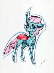 Size: 1280x1719 | Tagged: safe, artist:luxiwind, ocellus, changedling, changeling, g4, cute, diaocelles, exoskeleton, fangs, female, solo, traditional art