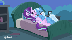 Size: 4443x2501 | Tagged: safe, alternate version, artist:gutovi, starlight glimmer, trixie, pony, unicorn, g4, bed, blushing, cuddling, female, fourth wall, lesbian, looking at you, mare, ship:startrix, shipping, show accurate, smug, starlight's room