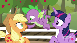 Size: 1280x720 | Tagged: safe, screencap, applejack, spike, twilight sparkle, alicorn, dragon, earth pony, pony, g4, harvesting memories, my little pony: friendship is forever, apple, apple tree, boop, female, fence, male, mare, sweet apple acres, tree, twilight sparkle (alicorn), winged spike, wings