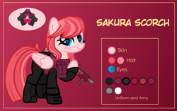 Size: 3001x1881 | Tagged: safe, artist:n0kkun, oc, oc only, oc:sakura scorch, pegasus, pony, armor, ash-12.7, assault rifle, body armor, boots, clothes, female, freckles, gloves, gun, mare, pants, pouch, raised hoof, reference sheet, rifle, shoes, solo, weapon