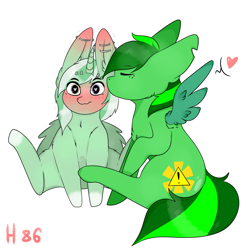 Size: 6000x6000 | Tagged: safe, artist:henneysee86, oc, oc:jester pi, oc:shining emerald, pegasus, pony, blushing, cute, heart, horn, kissing, simple background, smootch, white background, wings