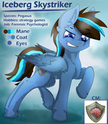 Size: 2814x3243 | Tagged: safe, artist:jesterpi, oc, oc:iceberg skystriker, pegasus, pony, blue, cold, color, cool, cutie mark, high res, reference sheet, smiling, smirk, standing, text, wings
