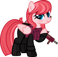 Size: 1600x1575 | Tagged: safe, artist:n0kkun, oc, oc only, oc:sakura scorch, pegasus, pony, armor, ash-12.7, assault rifle, body armor, boots, clothes, female, freckles, gloves, gun, mare, pants, pouch, raised hoof, rifle, shoes, simple background, solo, transparent background, weapon