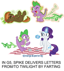Size: 1280x1428 | Tagged: safe, artist:serenamidori, edit, button mash, rarity, spike, dragon, earth pony, pony, unicorn, g4, colt, embarrassed, eyes closed, fart, fart joke, fart noise, female, fire, fire fart, g5 speculation, green fire, hilarious in hindsight, laughing, levitation, magic, male, mare, on back, one eye closed, onomatopoeia, picnic, picnic blanket, simple background, sitting, sound effects, sweat, telekinesis, text, toilet humor, white background