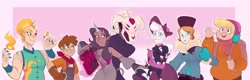 Size: 4096x1312 | Tagged: safe, artist:waackery, arizona (tfh), fhtng th§ ¿nsp§kbl, oleander (tfh), paprika (tfh), pom (tfh), tianhuo (tfh), velvet (tfh), alpaca, human, them's fightin' herds, bandana, bonnet, clothes, coat, community related, curved horn, dark skin, ear piercing, earring, elf ears, female, fightin' six, freckles, hat, heart, heart eyes, horn, horned humanization, humanized, jewelry, neckerchief, overalls, piercing, shirt, sweater, wingding eyes, wings
