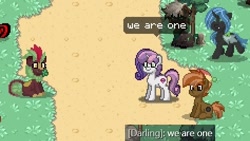 Size: 474x267 | Tagged: safe, button mash, cinder glow, rarity, summer flare, sweetie belle, pony, pony town, g4, colt, female, filly, foal, fusion, male, siblings, sisters