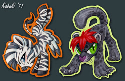 Size: 1000x652 | Tagged: safe, artist:kabukihomewood, oc, oc only, oc:reddfurr, big cat, jaguar (animal), pony, zebra, zebrasus, badge, blushing, con badge, duo, duo male, gray background, handstand, looking at you, male, open mouth, ponified, simple background, smiling, traditional art, upside down