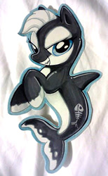 Size: 293x477 | Tagged: safe, artist:kabukihomewood, oc, oc only, merpony, orca, orca pony, original species, badge, con badge, female, grin, irl, photo, smiling, solo, traditional art