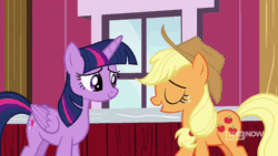 Size: 1280x720 | Tagged: safe, screencap, applejack, twilight sparkle, alicorn, earth pony, pony, g4, harvesting memories, my little pony: friendship is forever, animated, cute, daaaaaaaaaaaw, duo, eye contact, eyes closed, female, gif, hug, jackabetes, looking at each other, mare, smiling, sweet apple acres, twiabetes, twilight sparkle (alicorn)