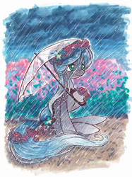 Size: 800x1072 | Tagged: safe, artist:rainspeak, oc, oc only, oc:raina, pony, female, floral head wreath, flower, flower in hair, hydrangea, mare, pondpony, rain, solo, storm, umbrella