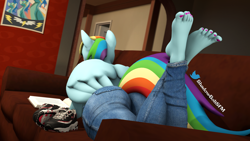 Size: 2880x1620 | Tagged: safe, artist:shadowboltsfm, rainbow dash, pegasus, anthro, plantigrade anthro, g4, 3d, barefoot, book, clothes, couch, feet, feet up, female, foot focus, high res, jeans, lying down, nail polish, pants, poster, reading, shoes, shoes off, source filmmaker, toenail polish, wings