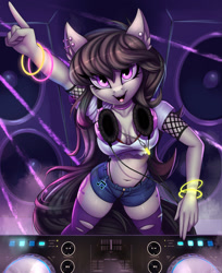 Size: 1800x2204 | Tagged: safe, artist:lightly-san, octavia melody, earth pony, anthro, g4, belly button, breasts, clothes, cutie mark accessory, disc jockey, dj octavia, ear piercing, female, fishnet stockings, glow rings, industrial piercing, looking at you, looking up, looking up at you, mare, midriff, open mouth, panties, personality swap, piercing, ripped stockings, rocktavia, role reversal, solo, speaker, thong, turntable, underwear