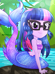 Size: 1536x2048 | Tagged: safe, artist:artmlpk, sci-twi, twilight sparkle, mermaid, equestria girls, g4, adorable face, adorasexy, adorkable, adorkasexy, alternate hairstyle, bare shoulders, beautiful, breasts, cleavage, cute, dork, female, fins, glasses, island, jungle, looking at you, loose hair, meganekko, mermaid sci-twi, mermaidized, ocean, original hair, palm tree, rock, sexy, sleeveless, smiling, smiling at you, solo, species swap, strapless, stupid sexy sci-twi, tail, topless, tree, twiabetes