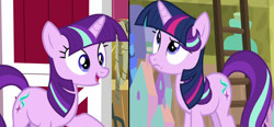 Size: 1392x644 | Tagged: safe, edit, edited screencap, screencap, starlight glimmer, pony, unicorn, a matter of principals, g4, harvesting memories, my little pony: friendship is forever, alternate hairstyle, barn, comparison, female, ladder, mane swap, mare, rope, starlight sparkle, wig