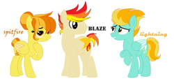 Size: 963x447 | Tagged: safe, artist:selenaede, artist:twitter247, lightning dust, spitfire, oc, oc:blaze, pegasus, pony, g4, alternate hairstyle, base used, family, female, lesbian, magical lesbian spawn, male, mare, mother and child, mother and son, multicolored mane, offspring, parent:lightning dust, parent:spitfire, parents:spitdust, raised hoof, shipping, simple background, spitdust, stallion, white background