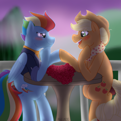 Size: 2000x2000 | Tagged: safe, artist:mikeyboo, derpibooru exclusive, applejack, rainbow dash, earth pony, pegasus, pony, g4, the last problem, clothes, cute, date, duo, duo female, female, granny smith's shawl, hearts and hooves day, high res, lesbian, looking at each other, looking at someone, love, mare, married, older, older applejack, older rainbow dash, open mouth, open smile, ship:appledash, shipping, sitting, smiling, smiling at each other, sweet dreams fuel