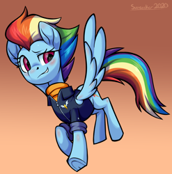 Size: 2912x2944 | Tagged: safe, artist:moonseeker, rainbow dash, pegasus, pony, g4, the last problem, alternate hairstyle, blushing, clothes, female, grin, high res, mare, older, older rainbow dash, signature, simple background, smiling, solo