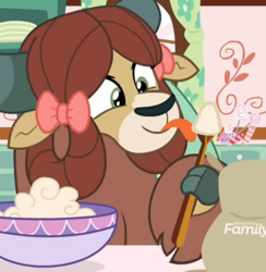 Size: 496x509 | Tagged: safe, screencap, yona, yak, g4, she's all yak, baking, bow, cake mix, candy, cloven hooves, cropped, cute, discovery family logo, dough, female, flour, flower, food, holding, hoof hold, licking, lollipop, pinkie pie's house, raw, tongue out, yonadorable
