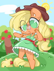 Size: 480x640 | Tagged: safe, artist:babyespurr, applejack, butterfly, anthro, g4, apple, apple tree, butterfly on nose, clothes, cowboy hat, cute, dress, eye clipping through hair, female, hat, insect on nose, jackabetes, no pupils, panties, panty shot, solo, sun, tree, underwear, upskirt