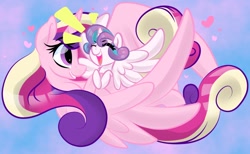 Size: 1300x800 | Tagged: safe, artist:jen-neigh, princess cadance, princess flurry heart, alicorn, pony, g4, baby, baby pony, cute, cutedance, duo, duo female, eyes closed, female, flurrybetes, heart, mare, mother and child, mother and daughter, open mouth, profile, redraw, spread wings, wings