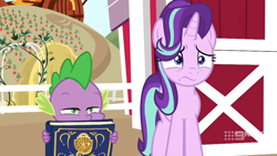 Size: 1280x720 | Tagged: safe, screencap, spike, starlight glimmer, pony, unicorn, g4, harvesting memories, spoiler:harvesting memories, spoiler:mlp friendship is forever, female, mare, sweet apple acres