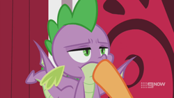 Size: 1280x720 | Tagged: safe, screencap, applejack, spike, dragon, earth pony, pony, g4, harvesting memories, my little pony: friendship is forever, flying, hoofjack, spike is not amused, sweet apple acres barn, unamused