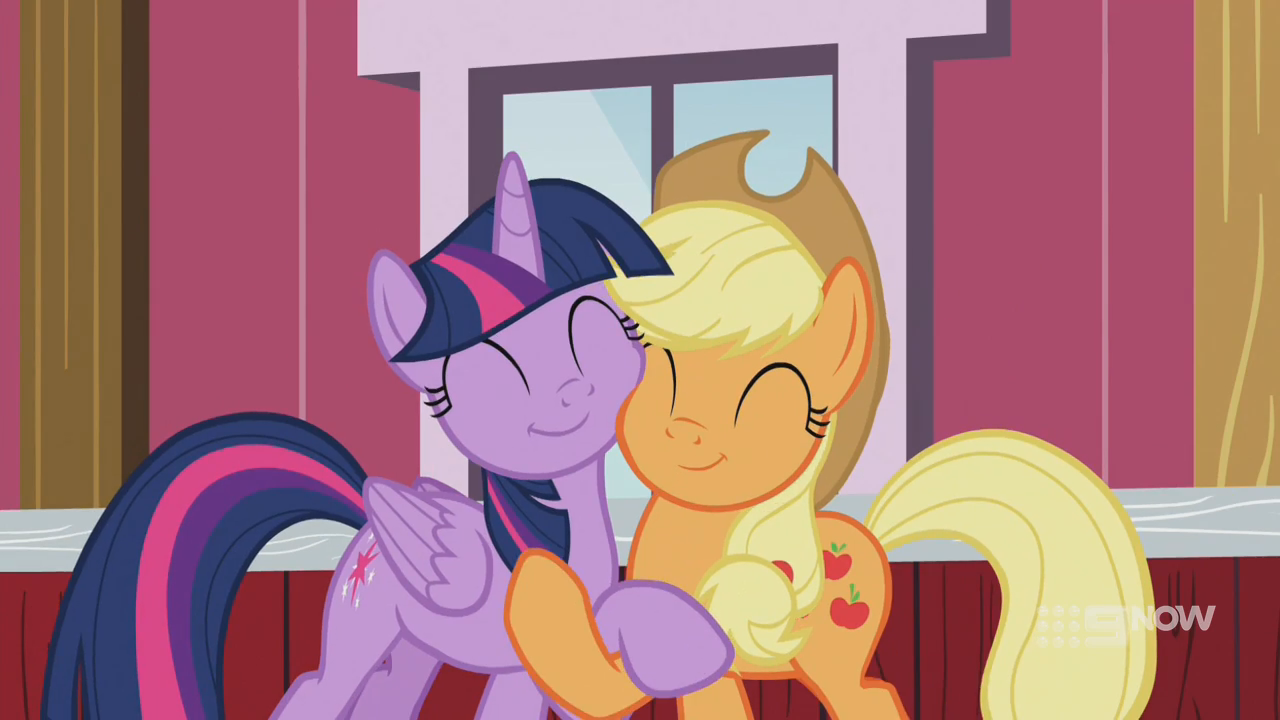 2351582 - safe, screencap, applejack, twilight sparkle, alicorn, earth  pony, pony, g4, harvesting memories, my little pony: friendship is forever,  cheek squish, cute, daaaaaaaaaaaw, duo, eyes closed, happy, holding hooves,  hug, smiling,