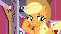 Size: 1280x720 | Tagged: safe, screencap, applejack, earth pony, pony, g4, harvesting memories, my little pony: friendship is forever, cute, female, jackabetes, mare, shy, smiling, solo, sweet apple acres