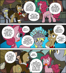 Size: 1325x1467 | Tagged: safe, artist:nekoshiei, color edit, edit, editor:anonycat, seven seas, derpy hooves, doctor whooves, pinkie pie, time turner, earth pony, pegasus, pony, g4, my little pony: the manga, my little pony: the manga volume 2, bowtie, butt, colored, comic, cropped, doctor whooves' lab, female, male, mare, plot, stallion, trio