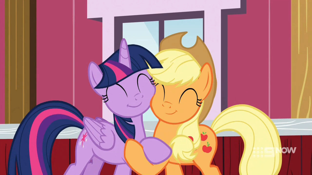 2351588 - safe, screencap, applejack, twilight sparkle, alicorn, earth  pony, harvesting memories, spoiler:harvesting memories, spoiler:mlp  friendship is forever, cute, duo, female, hug, jackabetes, mare, squishy  cheeks, sweet apple acres, twiabetes ...