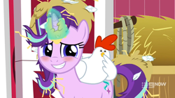 Size: 1280x720 | Tagged: safe, screencap, starlight glimmer, bird, chicken, pony, unicorn, g4, harvesting memories, my little pony: friendship is forever, blushing, cute, female, glimmerbetes, mare, smiling, sweet apple acres