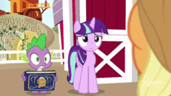Size: 854x480 | Tagged: safe, screencap, applejack, spike, starlight glimmer, dragon, pony, unicorn, g4, harvesting memories, my little pony: friendship is forever, alternate hairstyle, animated, book, book of memories, impersonating, implied twilight sparkle, sweet apple acres, watermark
